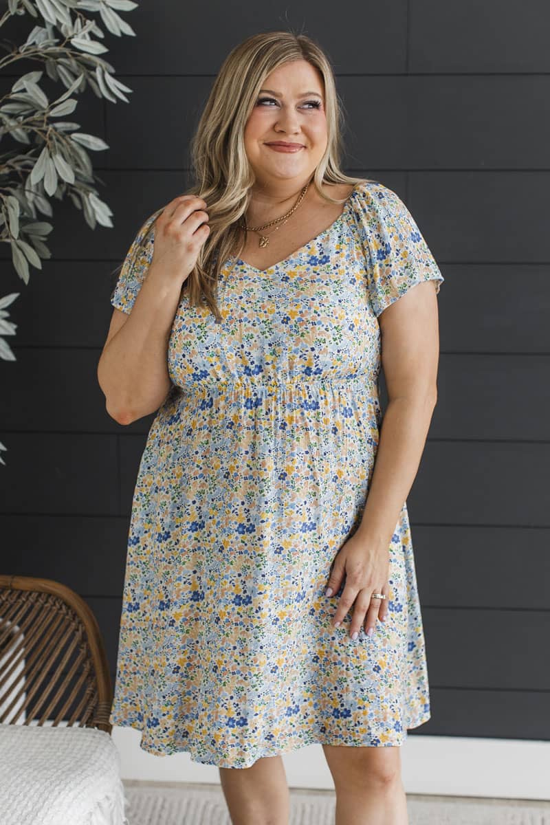 plus size floral mini dress Flow With Confidence Floral Mini Dress- Ivory & Blue