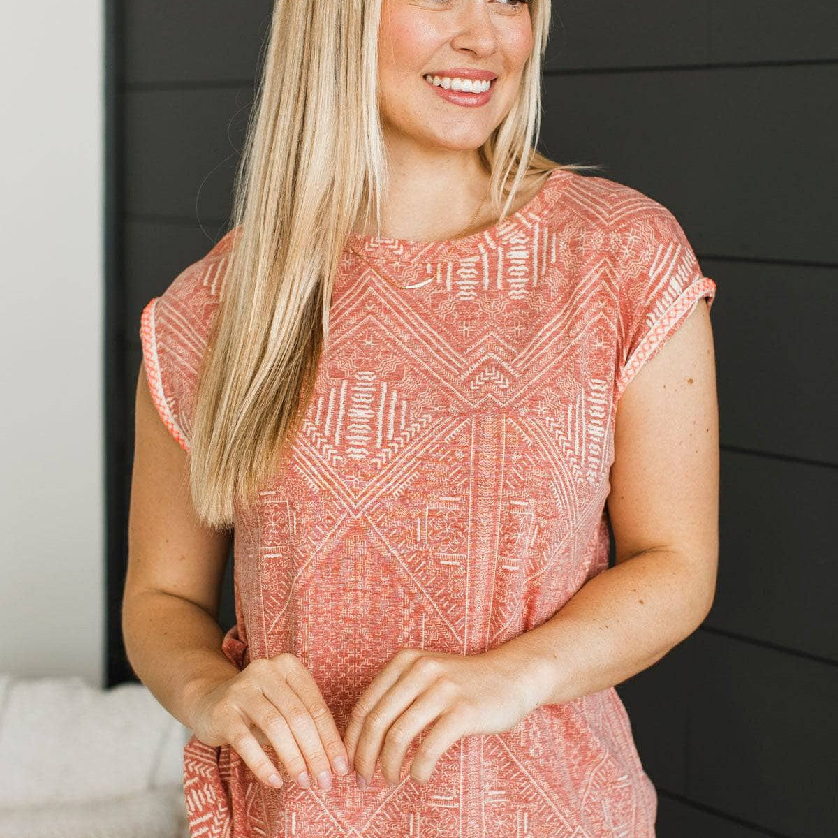 Provoking Pattern Thought Provoking Printed Top- Clay – The Pulse Boutique