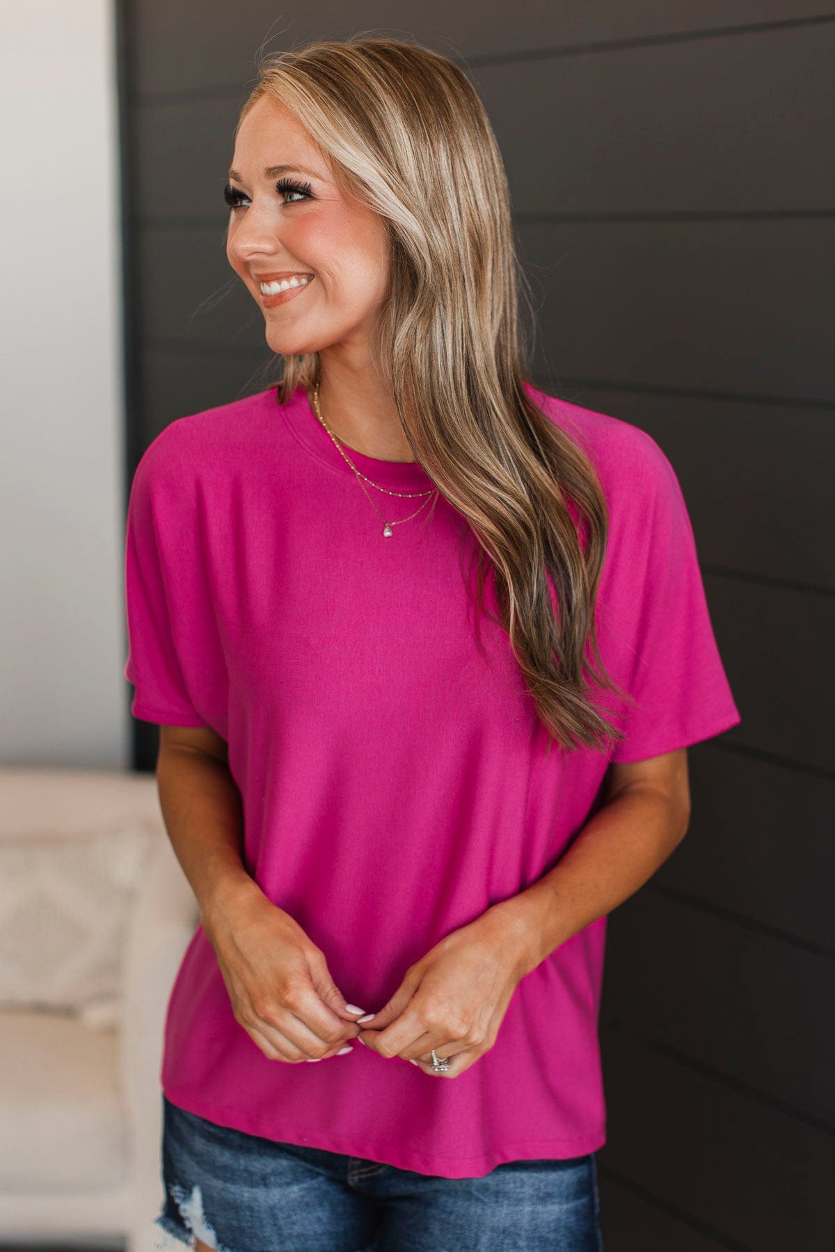 Another Place & Time Short Sleeve Top- Hot Pink
