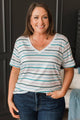 Exceptional Vibes V-Neck Striped Top- Ivory & Teal