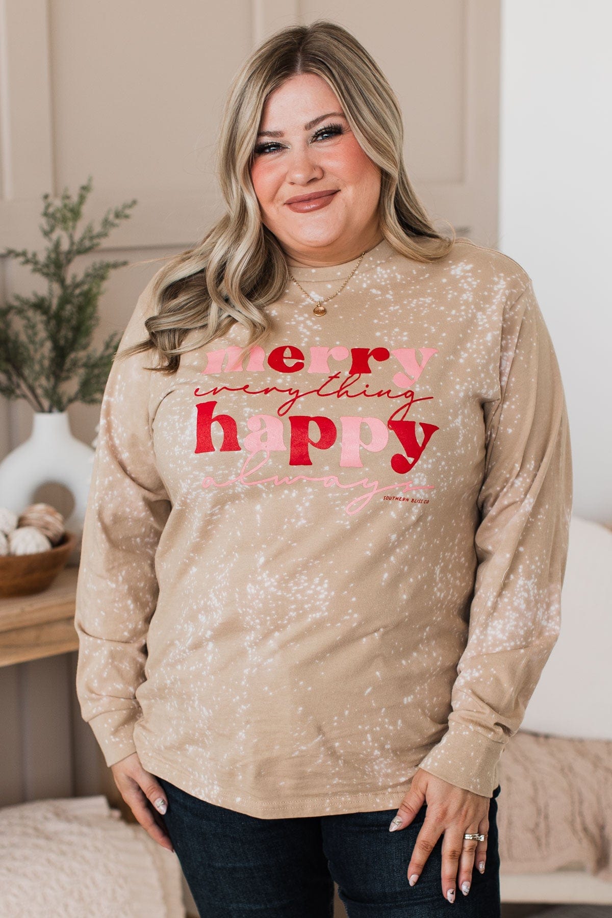 "Happy Always" Bleached Long Sleeve Top- Tan