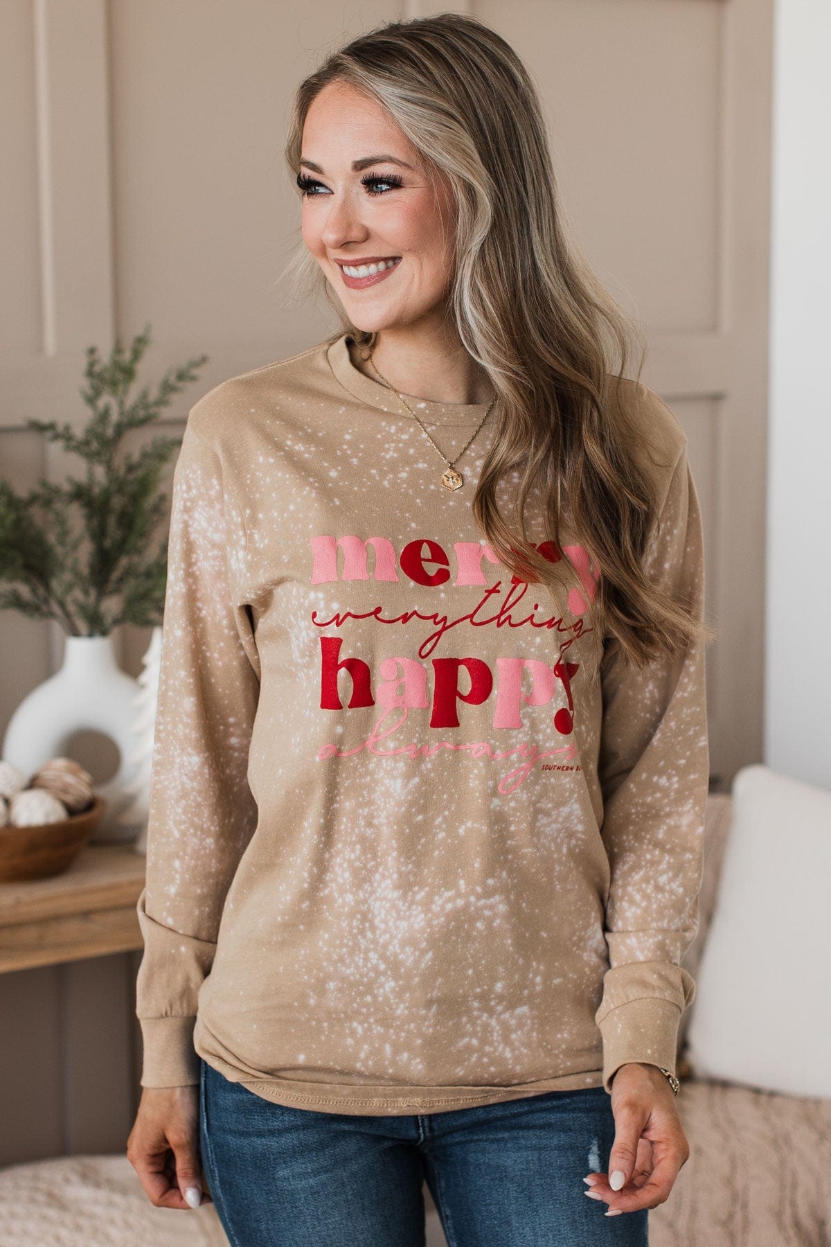 "Happy Always" Bleached Long Sleeve Top- Tan