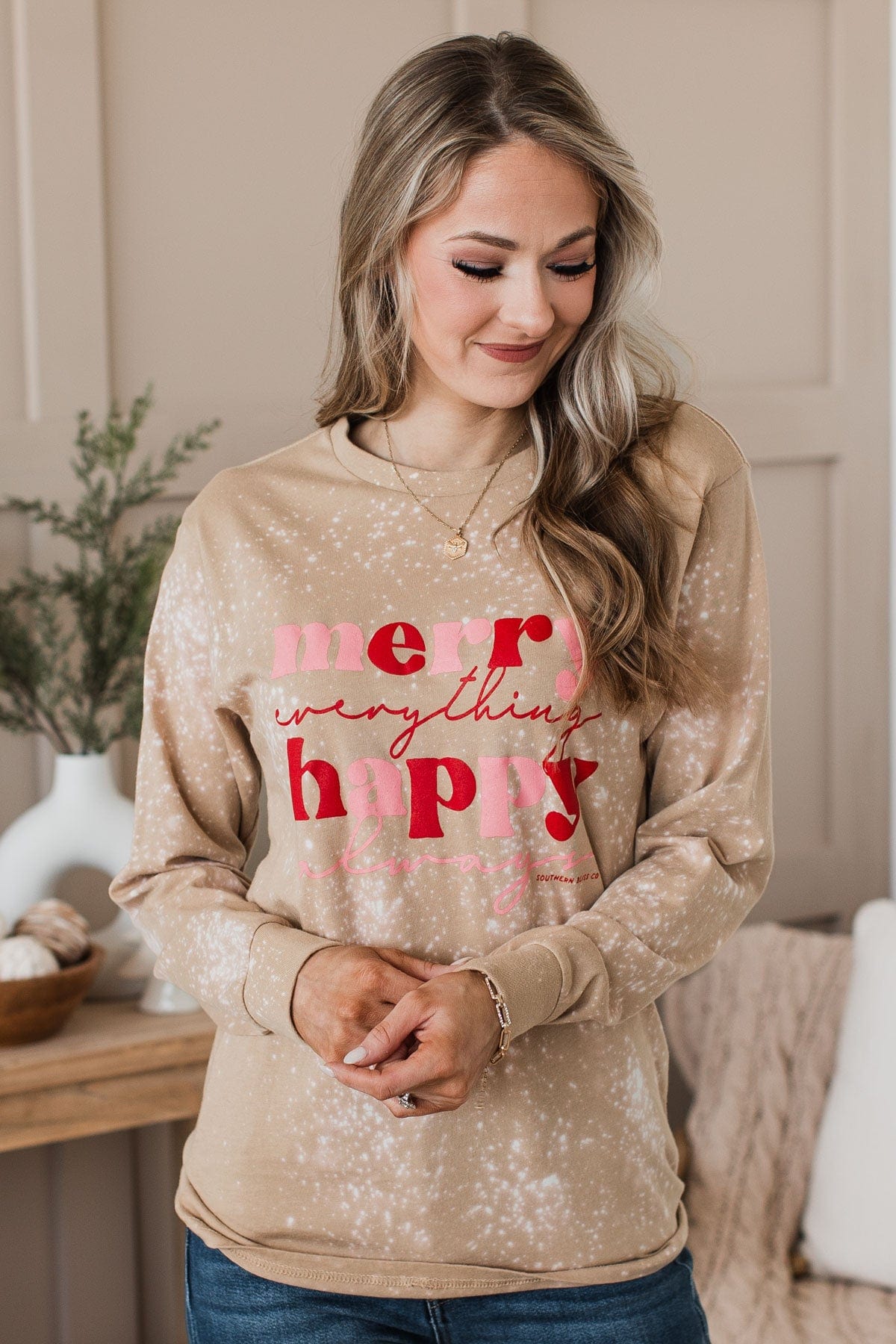 "Happy Always" Bleached Long Sleeve Top- Tan