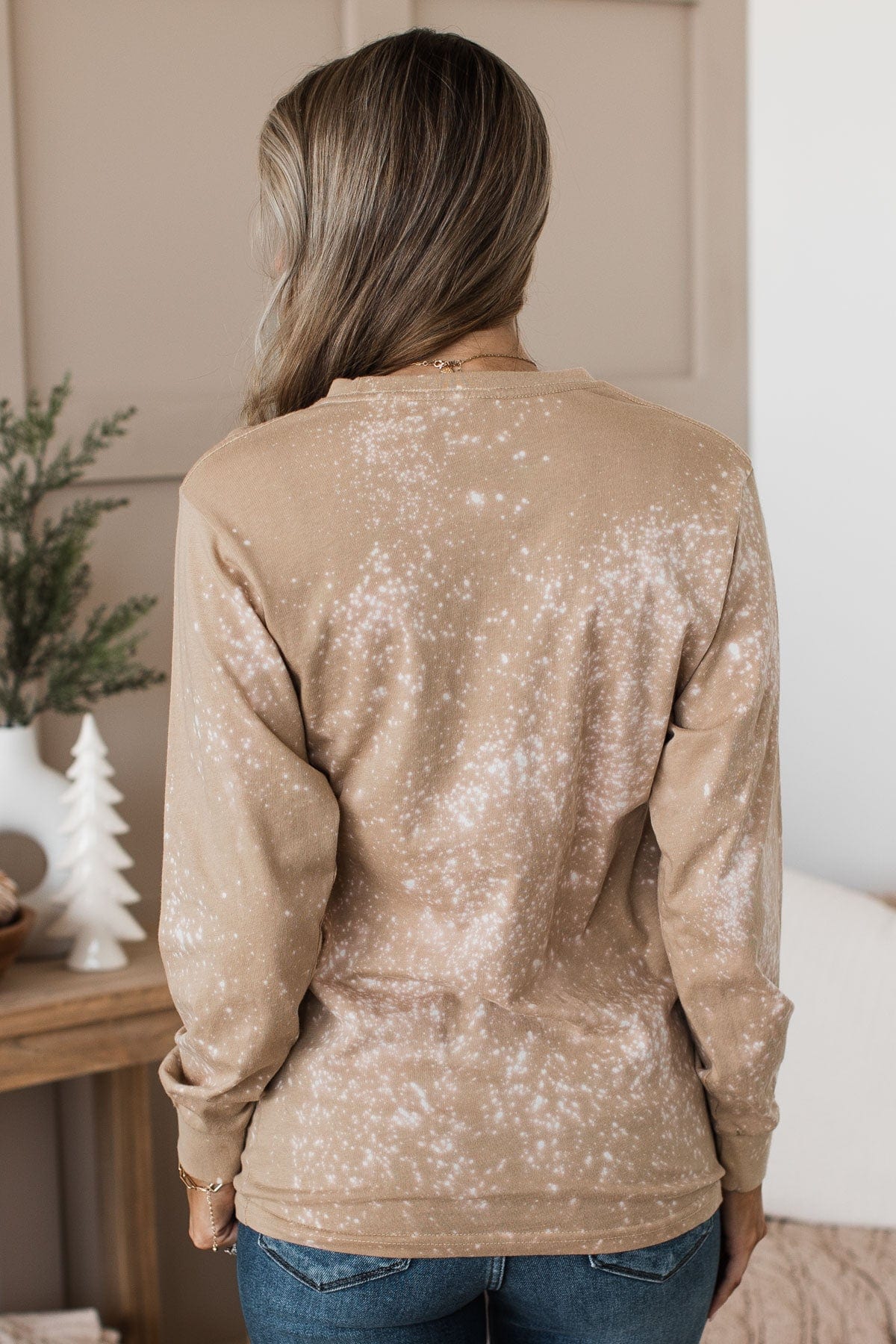 "Happy Always" Bleached Long Sleeve Top- Tan