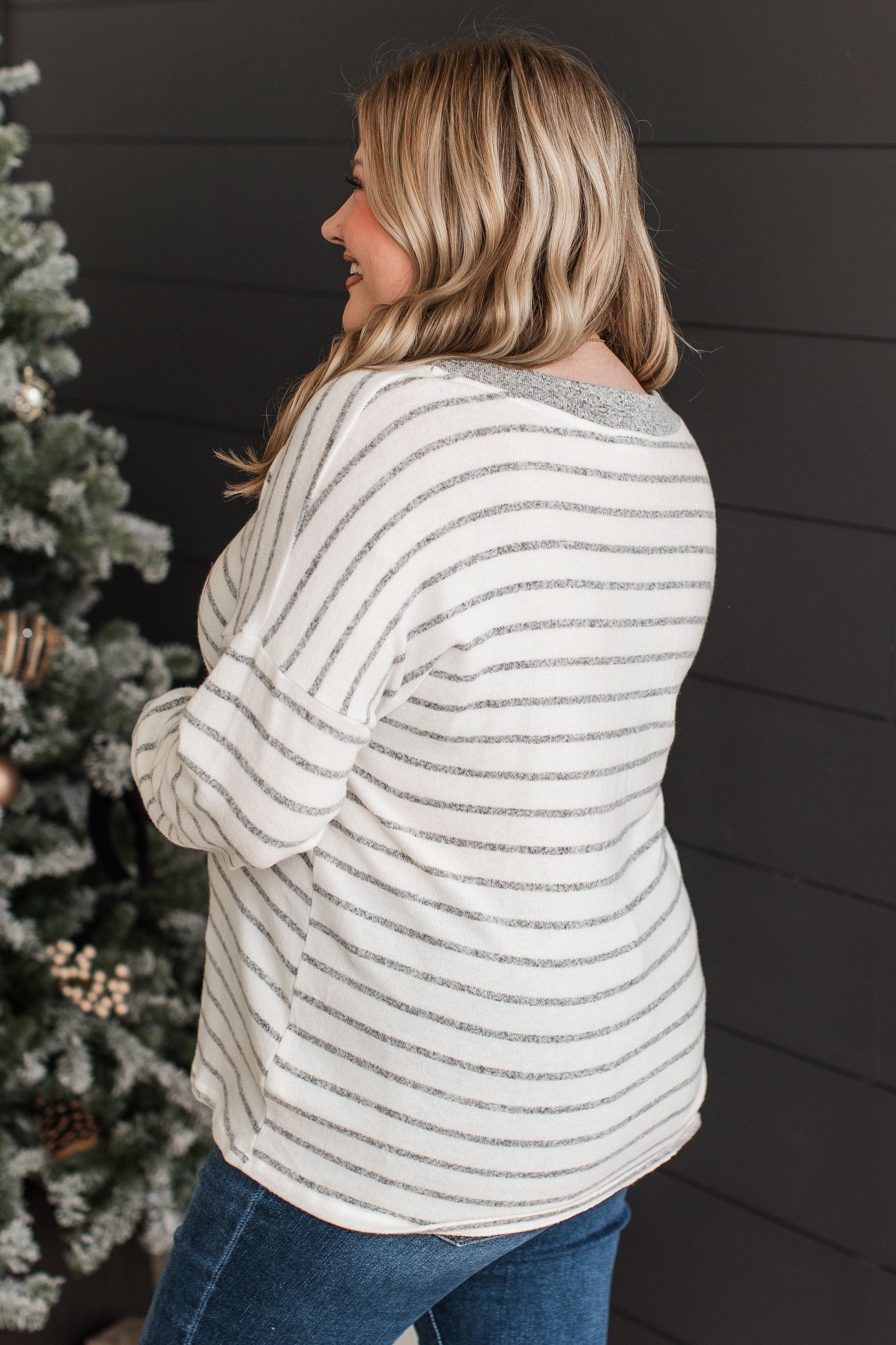 Look Within Striped Knit Top- Heather Grey & Ivory