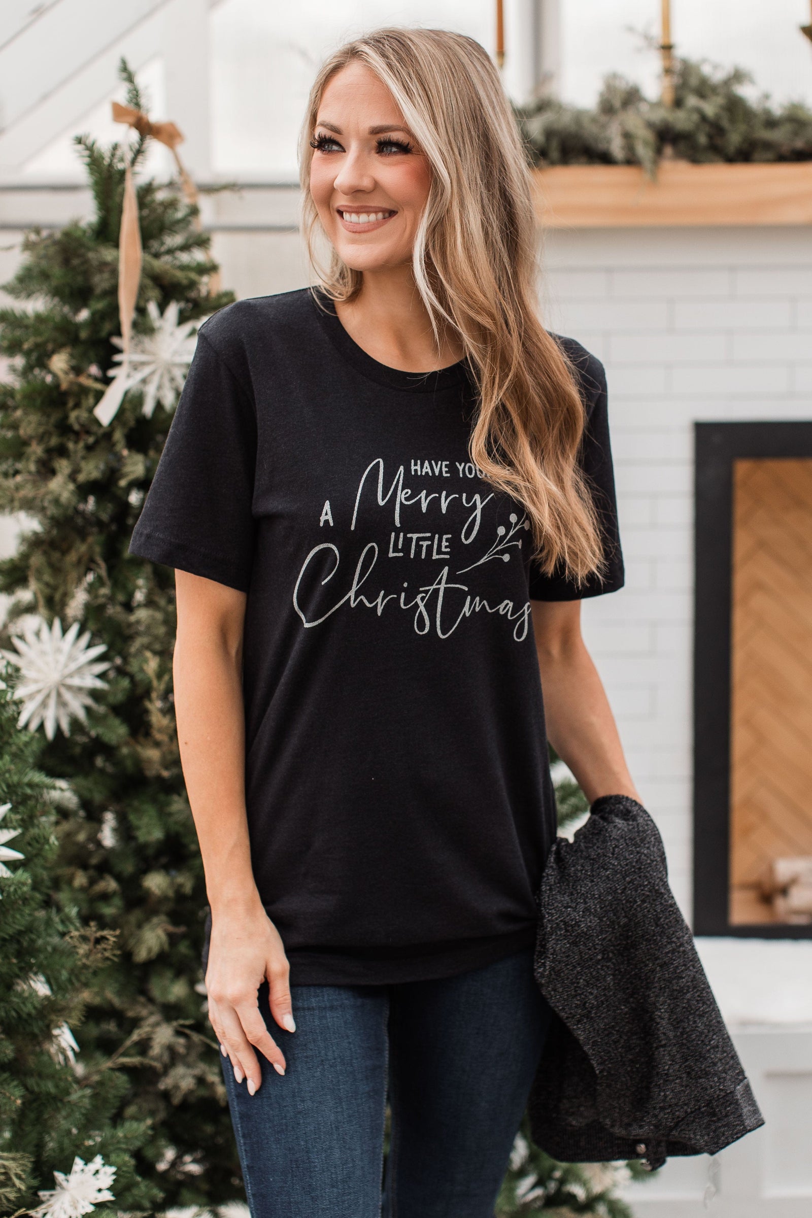 "Have Yourself A Merry Little Christmas" Glitter Graphic Top- Black