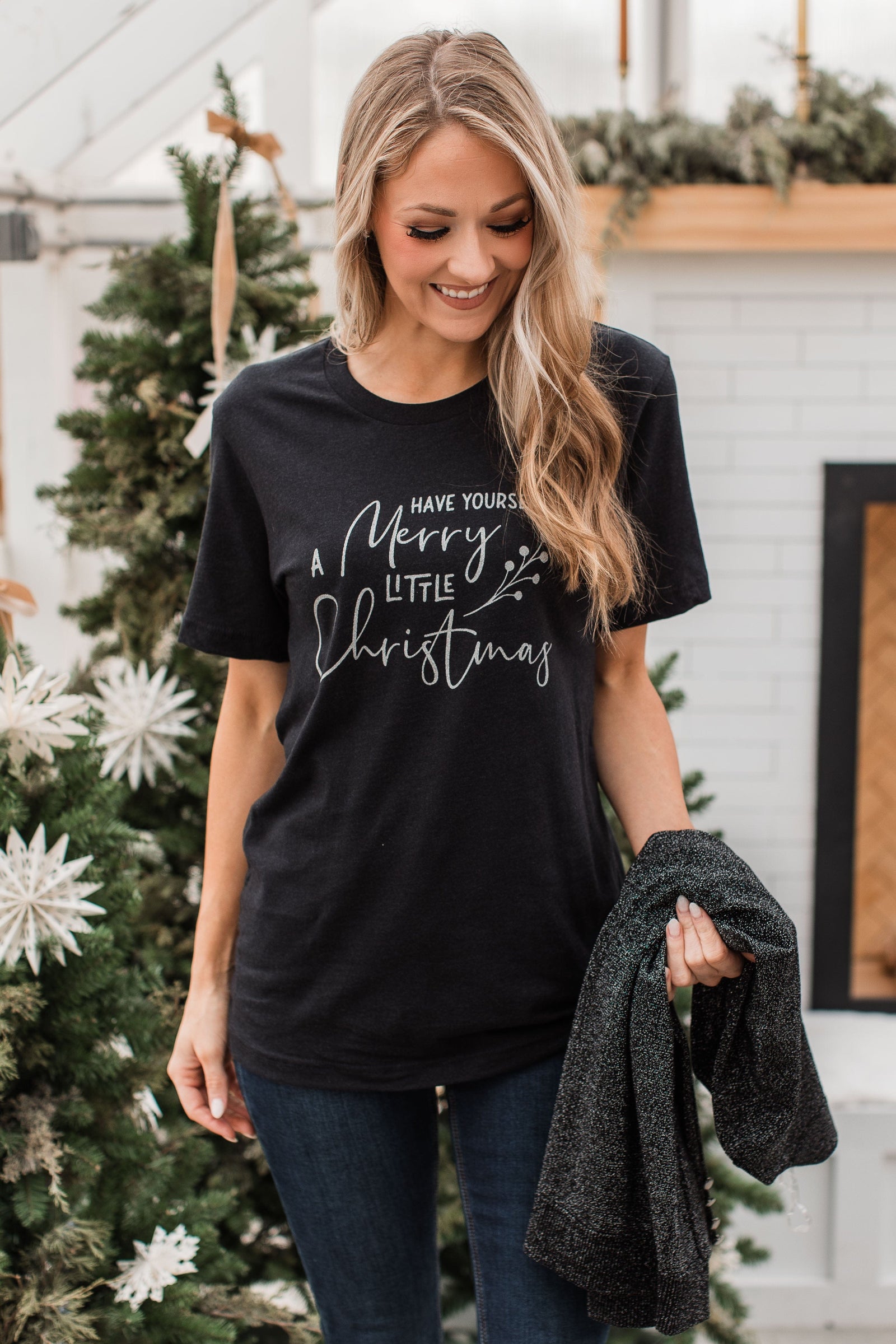 "Have Yourself A Merry Little Christmas" Glitter Graphic Top- Black