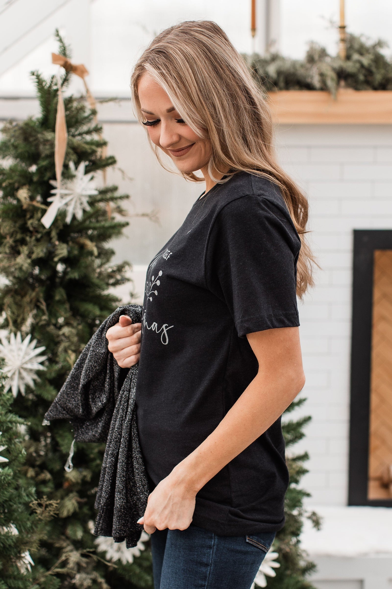 "Have Yourself A Merry Little Christmas" Glitter Graphic Top- Black