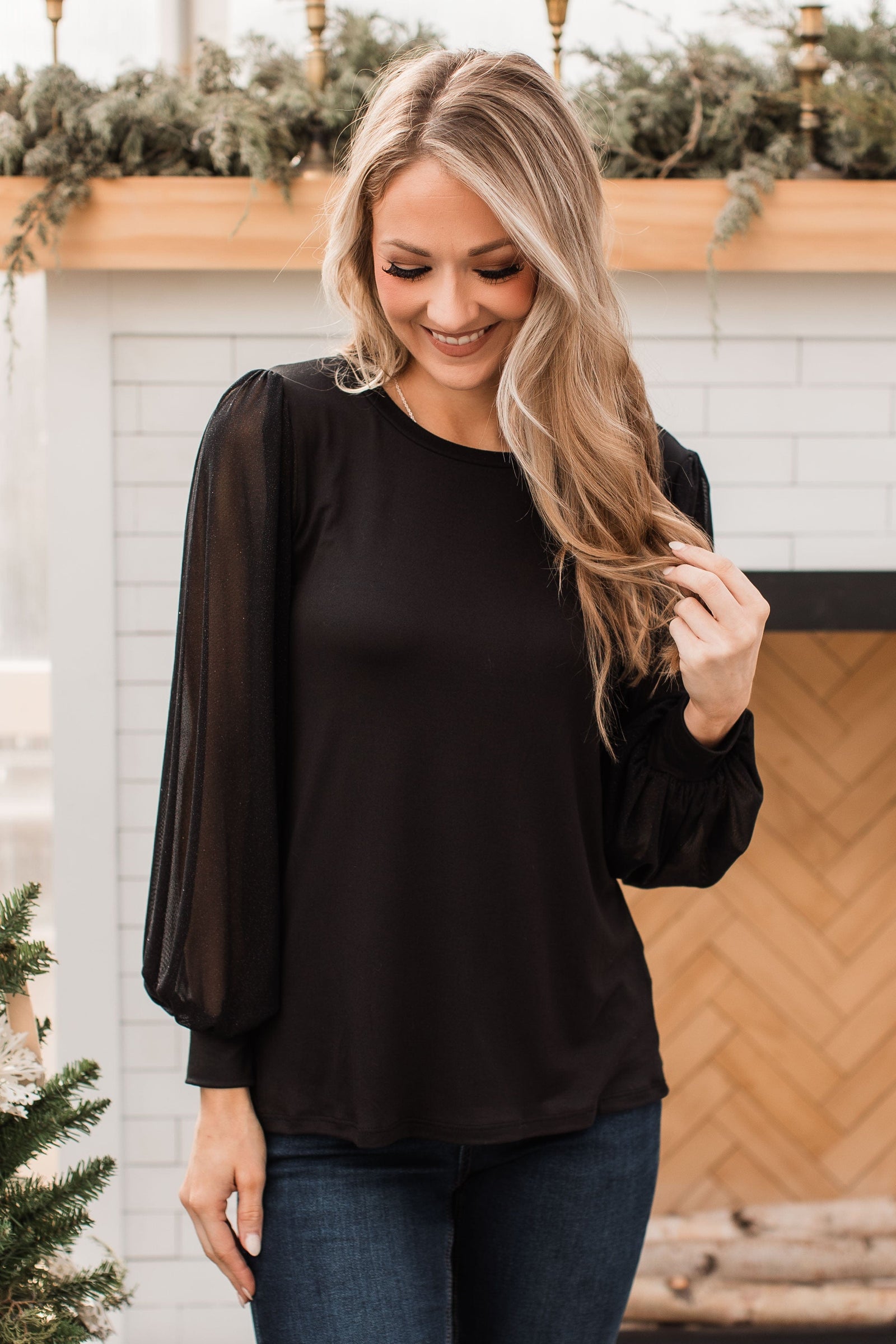 Grand Entrance Shimmer Sleeve Top- Black