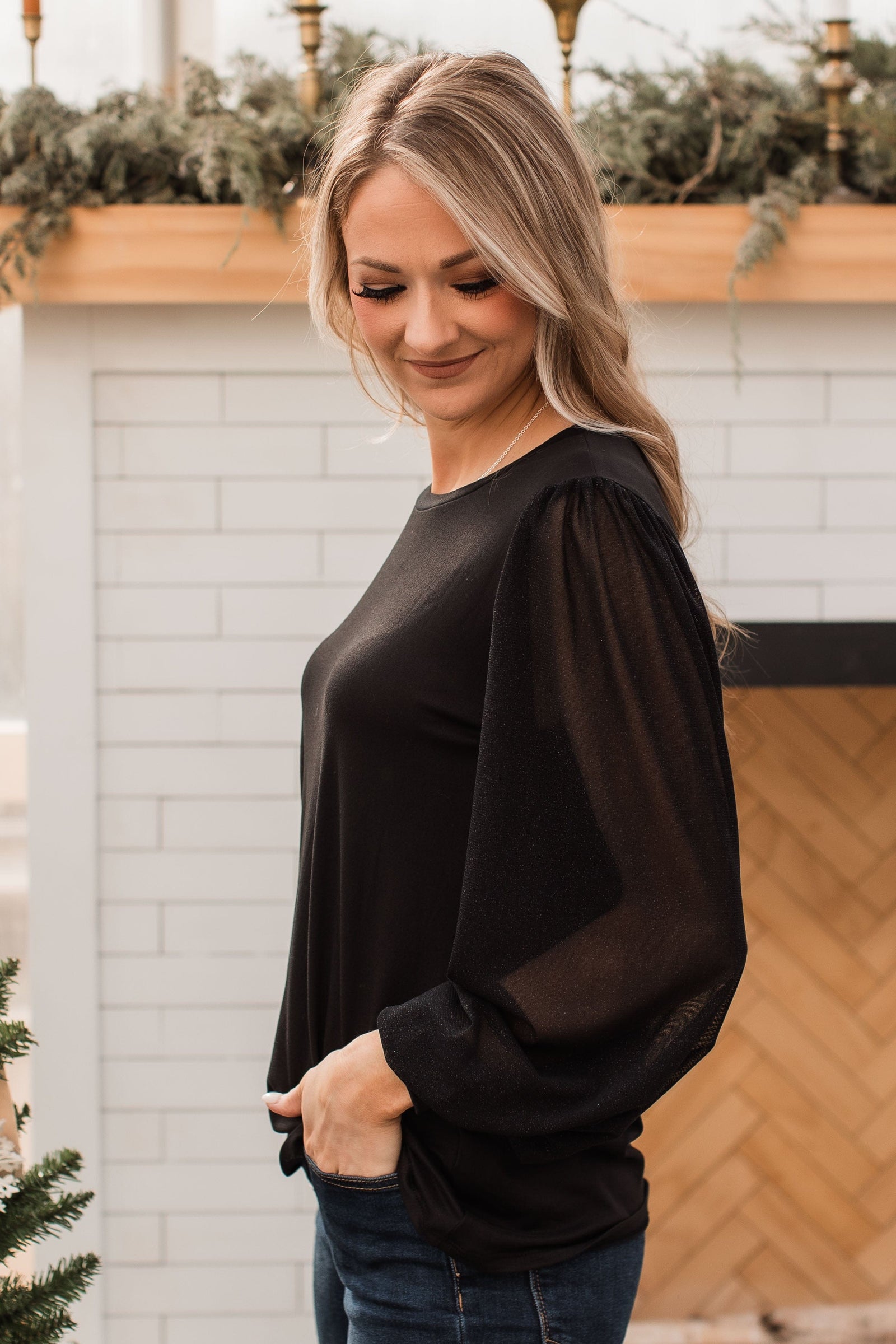 Grand Entrance Shimmer Sleeve Top- Black