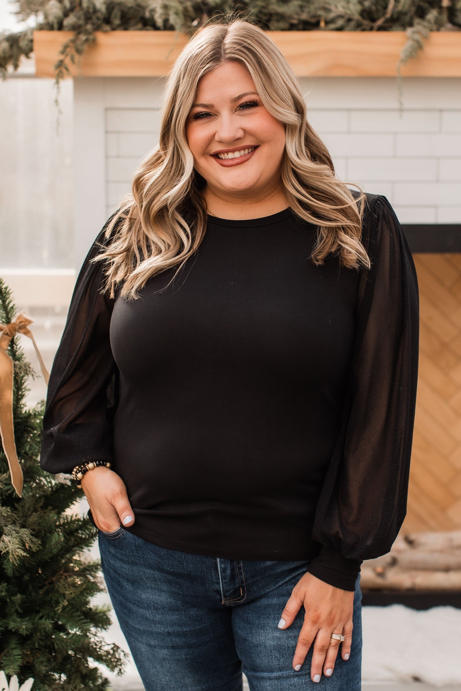 Grand Entrance Shimmer Sleeve Top- Black