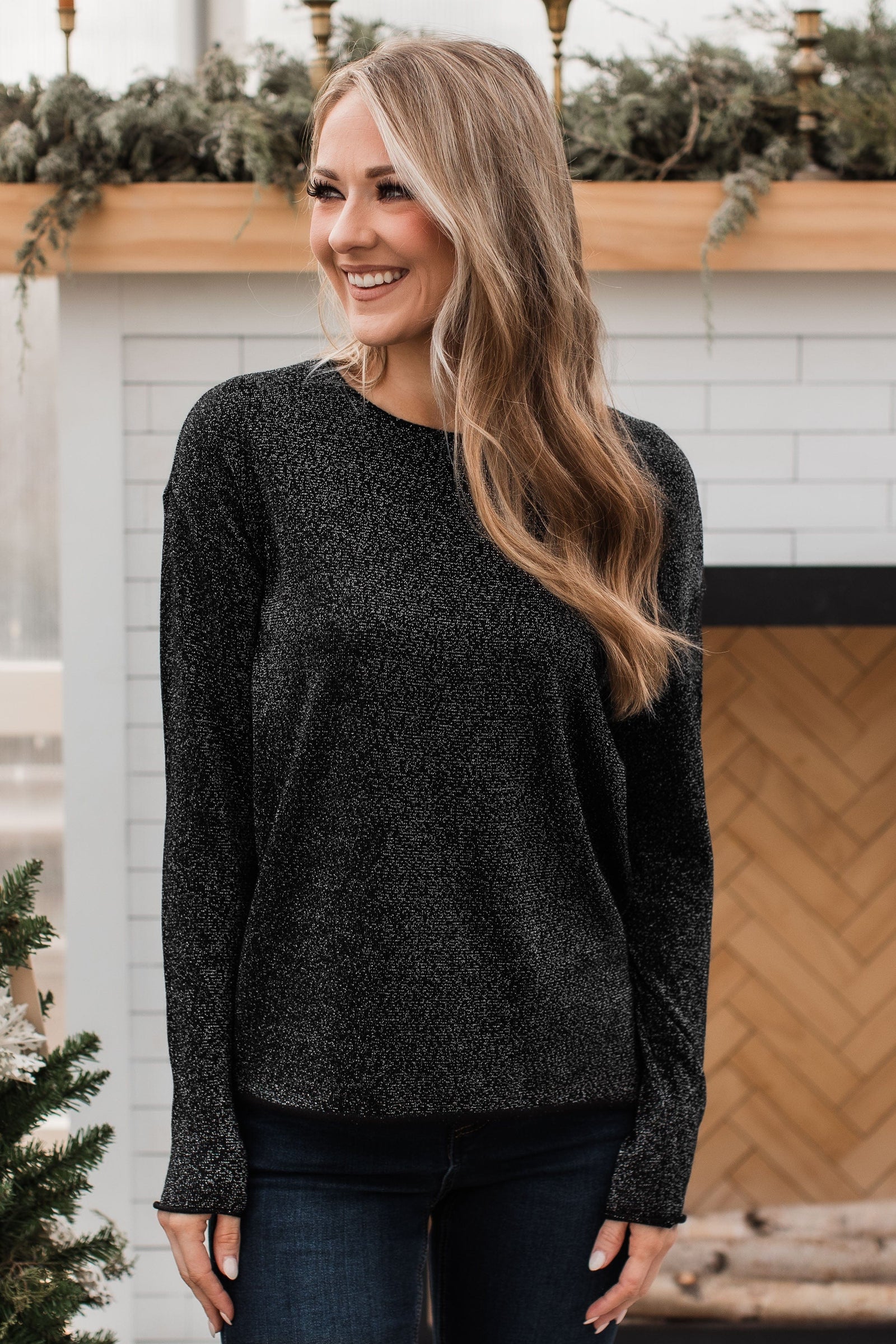 Stay The Night Shimmer Knit Sweater- Black