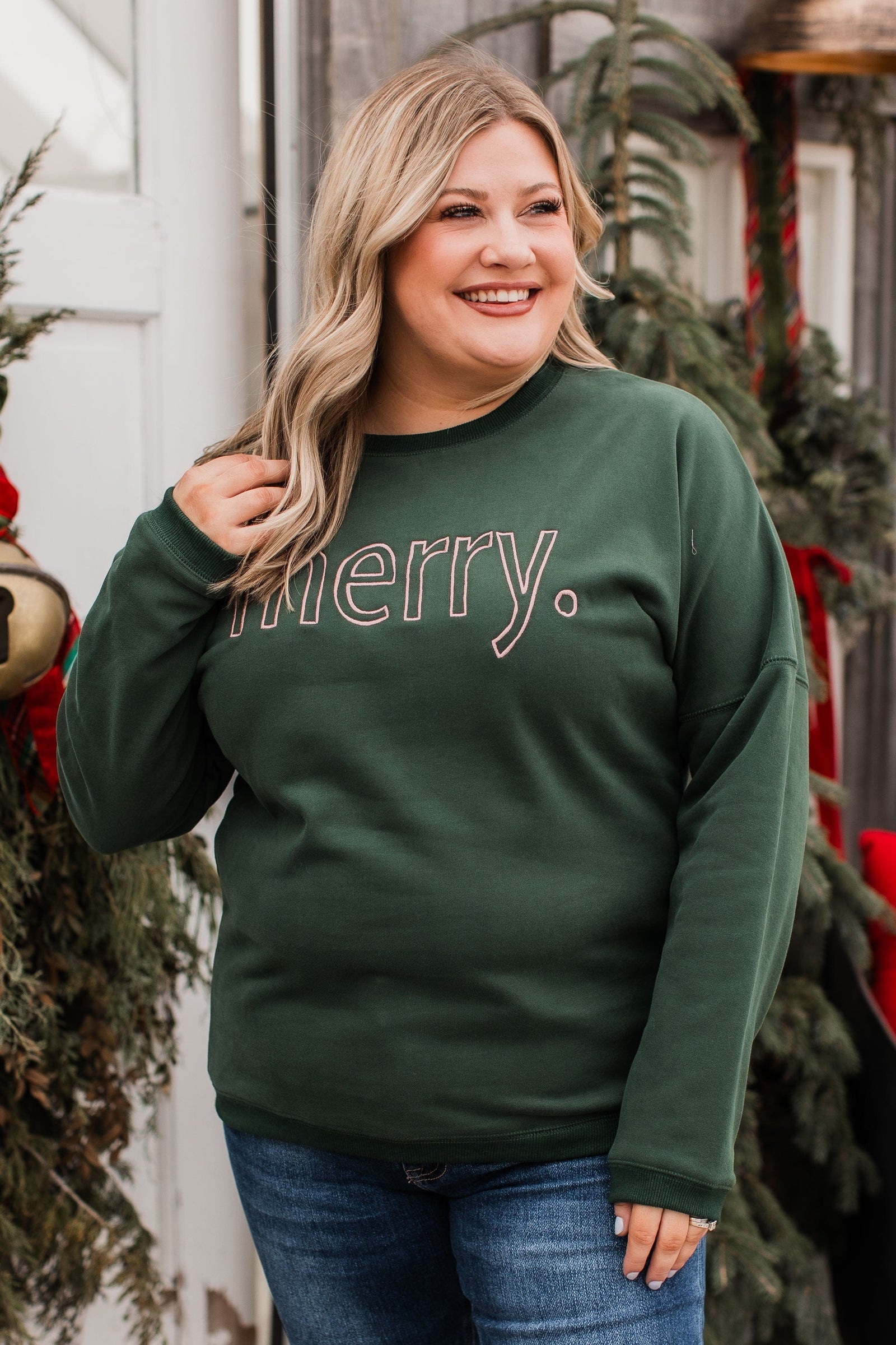 "Merry" Embroidered Crew Neck Pullover- Hunter Green