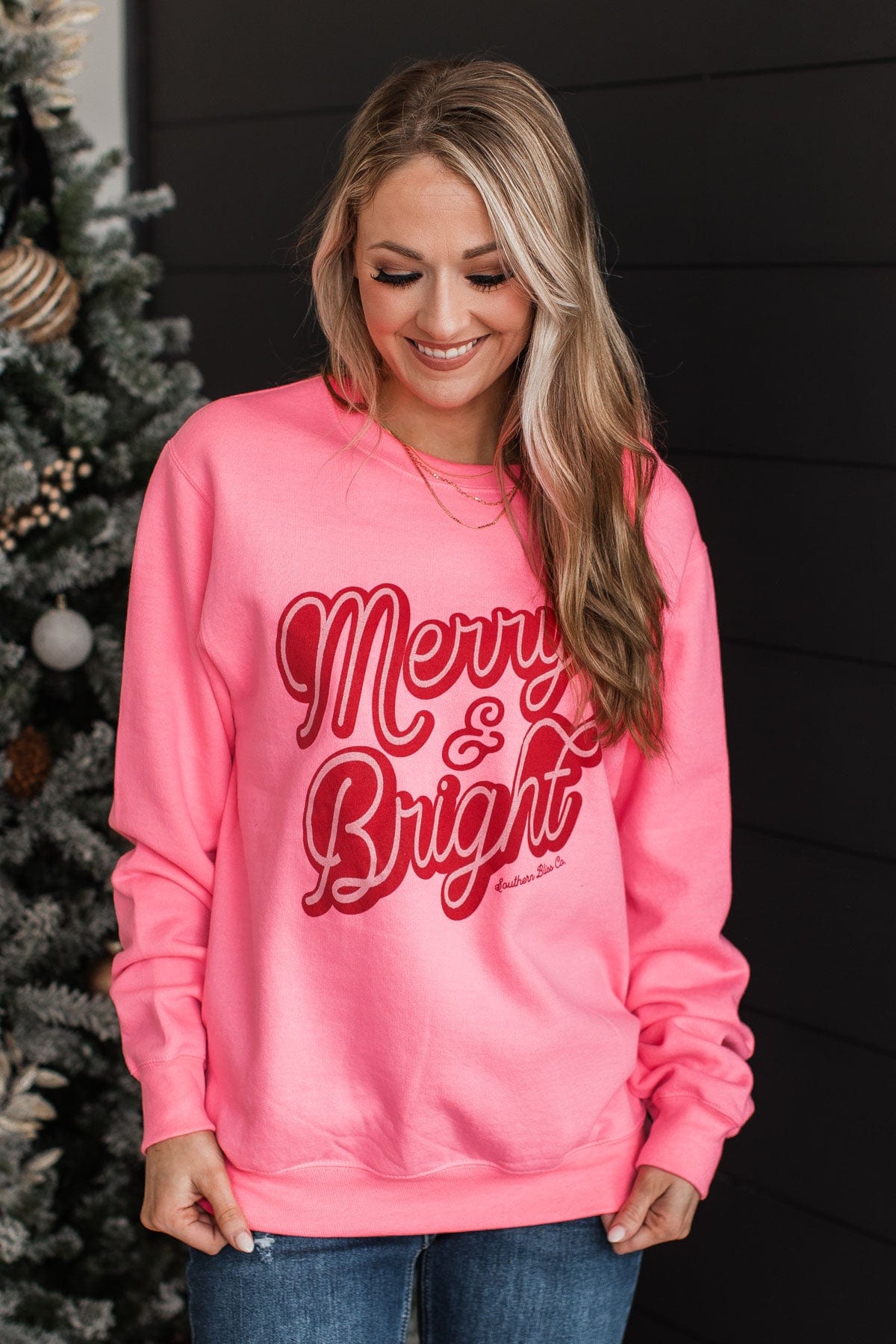 "Merry & Bright" Crew Neck Pullover- Neon Pink