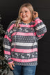 Full Of Cheer Striped Knit Hoodie- Charcoal & Pink