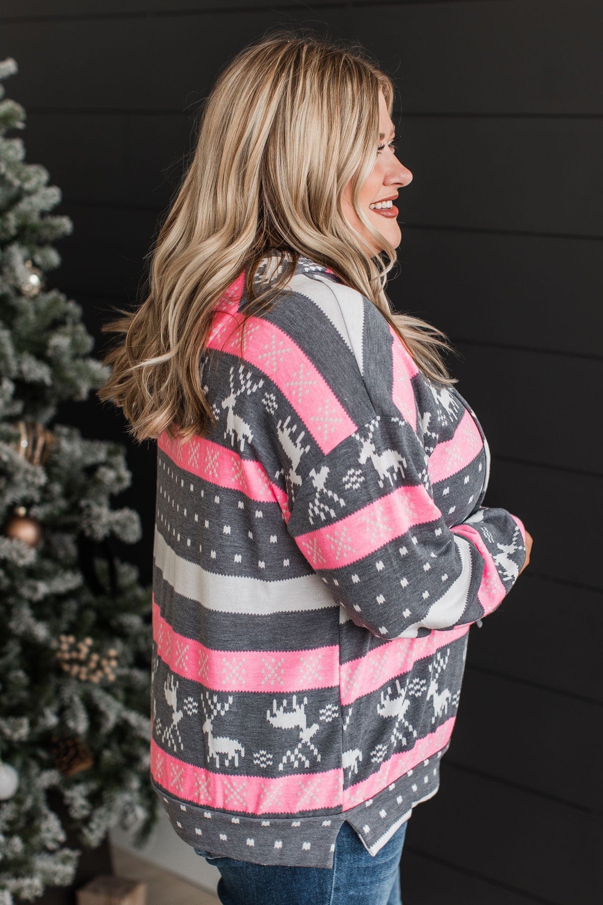 Full Of Cheer Striped Knit Hoodie- Charcoal & Pink