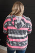 Full Of Cheer Striped Knit Hoodie- Charcoal & Pink