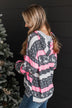 Full Of Cheer Striped Knit Hoodie- Charcoal & Pink