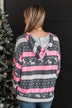 Full Of Cheer Striped Knit Hoodie- Charcoal & Pink