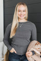 Looking Great Long Sleeve Ribbed Top- Charcoal