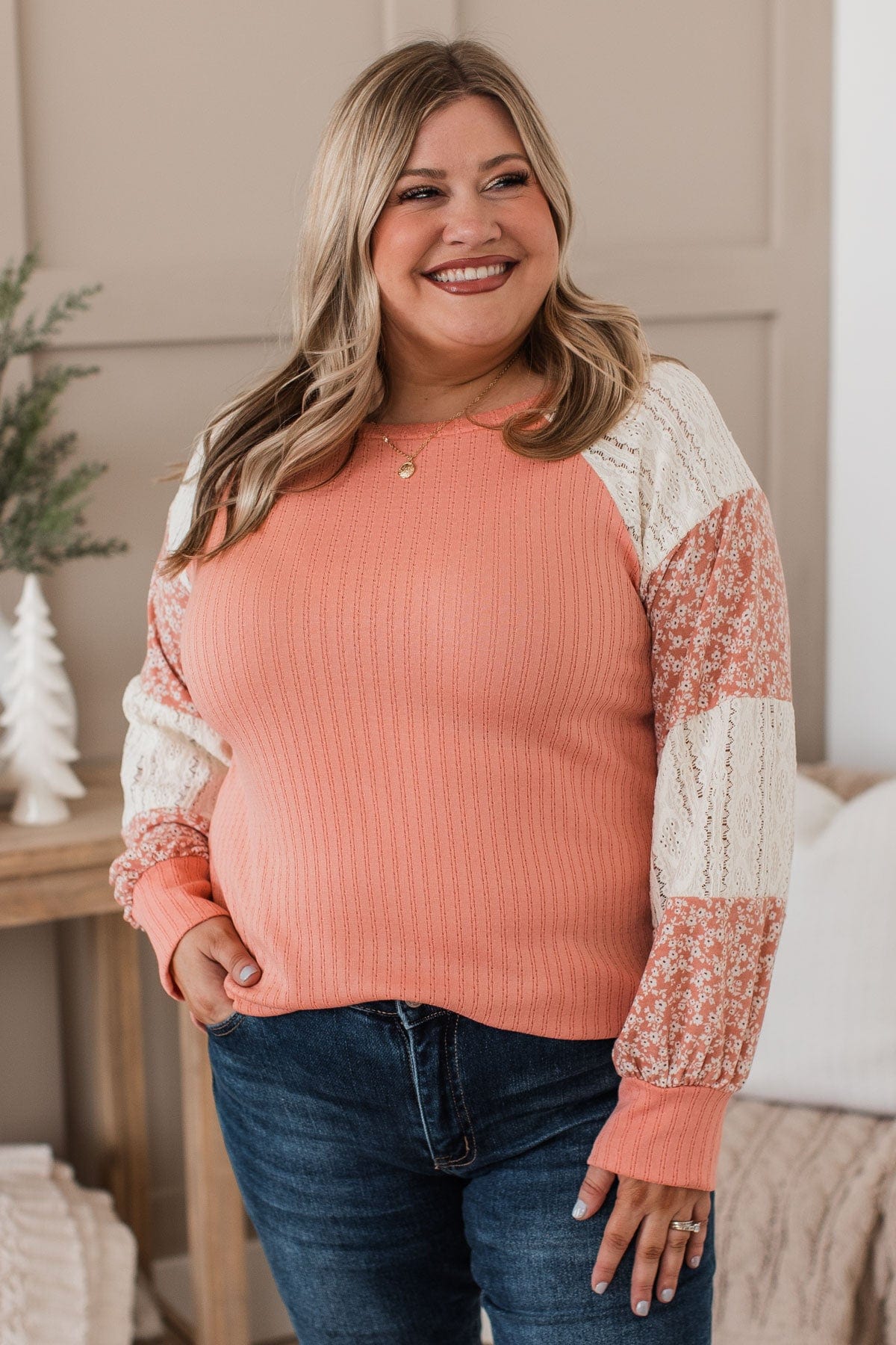 Pure Joy Color Block Knit Top- Coral & Ivory