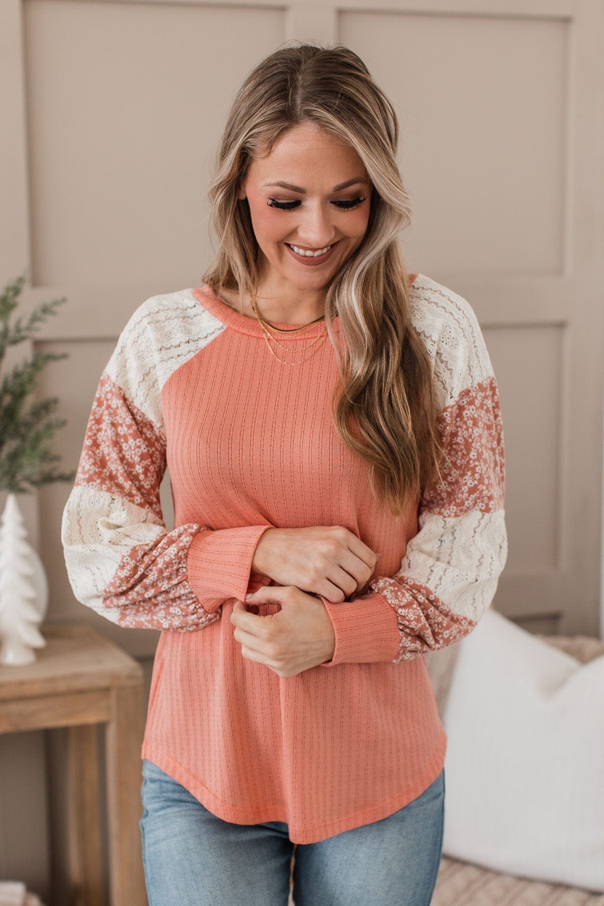 Pure Joy Color Block Knit Top- Coral & Ivory
