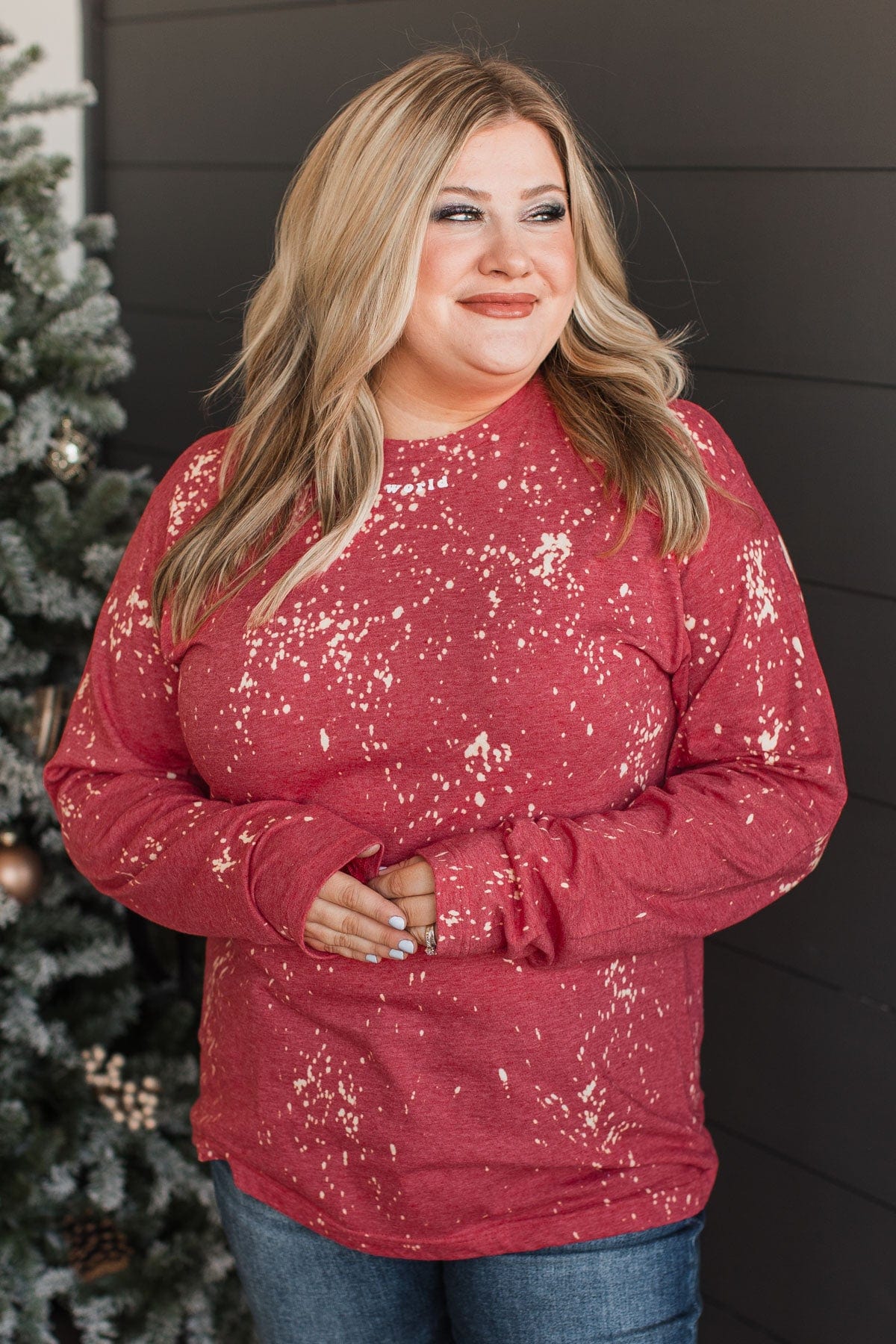 "Joy To The World" Bleached Graphic Top- Red