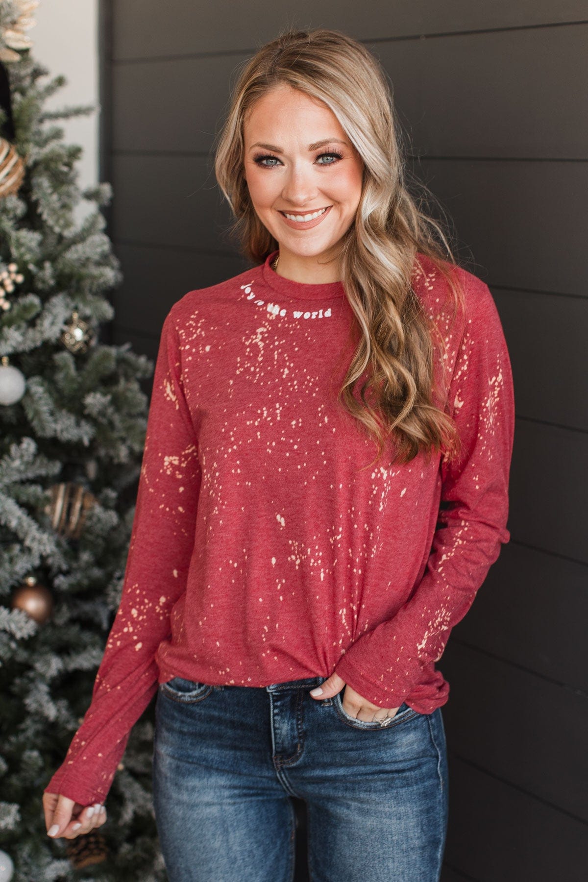 "Joy To The World" Bleached Graphic Top- Red
