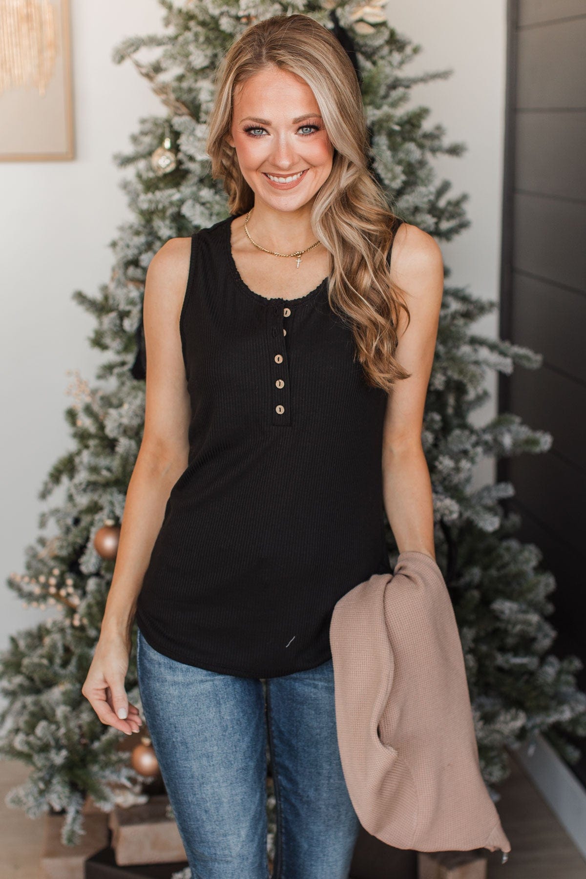 Like A Love Song Button Tank Top- Black