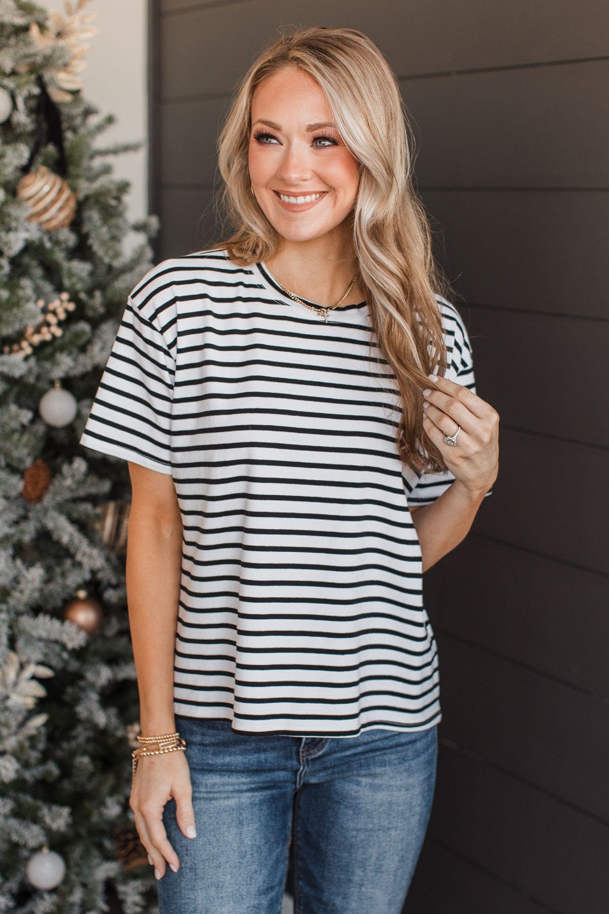 Crossing Lines Striped Knit Top- Black & White