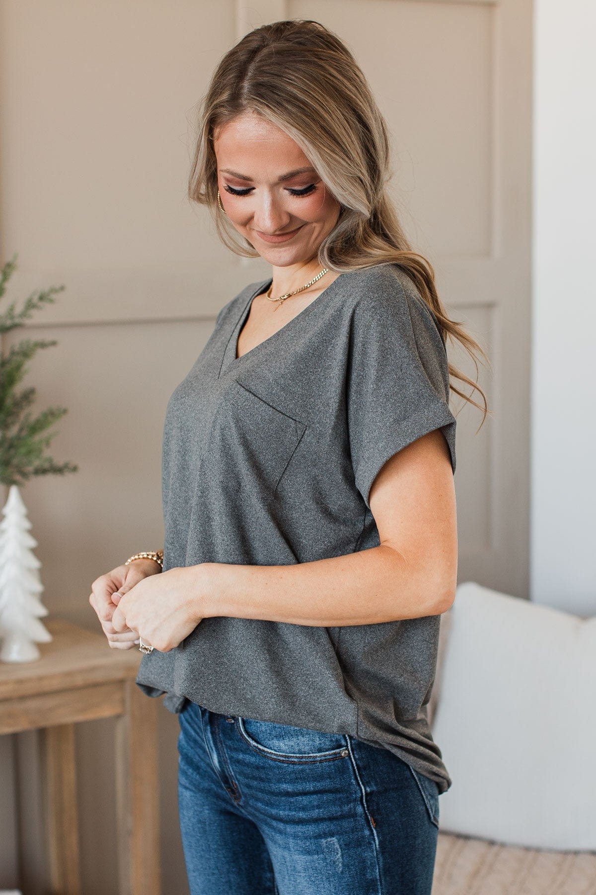 Ashley Ribbed Short Cuff Top (Charcoal)