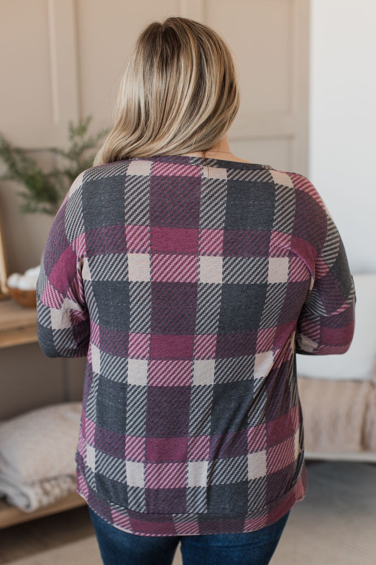 Caught By Surprise Plaid Knit Top- Charcoal