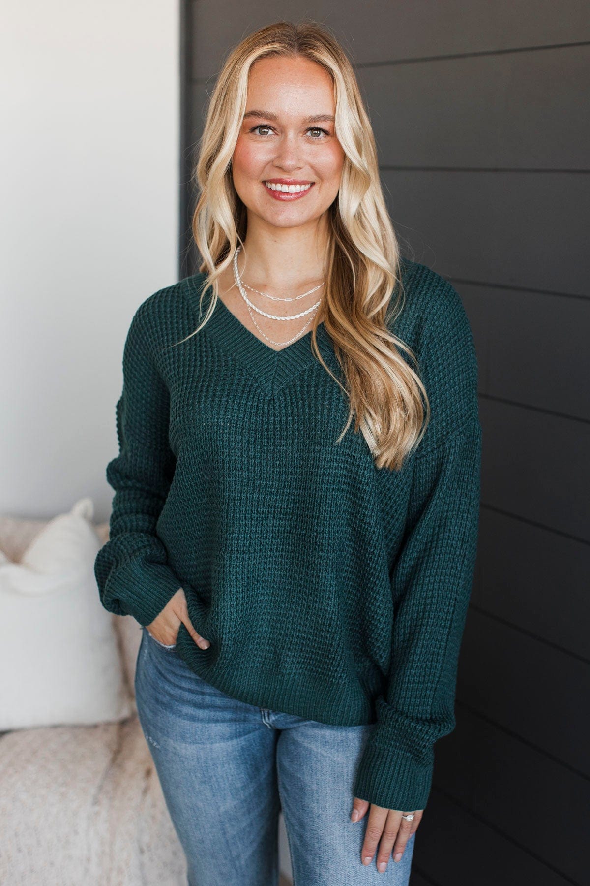 Inspiring Love V-Neck Sweater- Dark Teal - Main Image