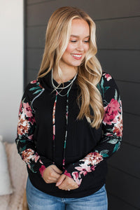 Unbelievably Happy Hooded Floral Top- Black & Mauve