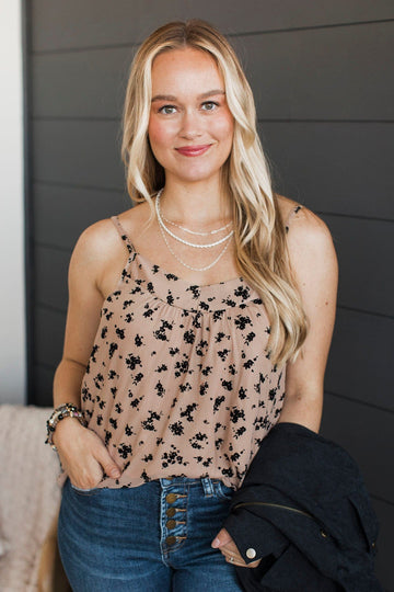 From The Start Floral Tank Top- Tan & Black