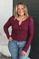 Just Living Long Sleeve Notched Top- Burgundy