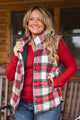 For You Always Plaid Puffer Vest- Red & White