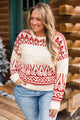 Holiday Festivities Fair Isle Knit Sweater- Cream & Red