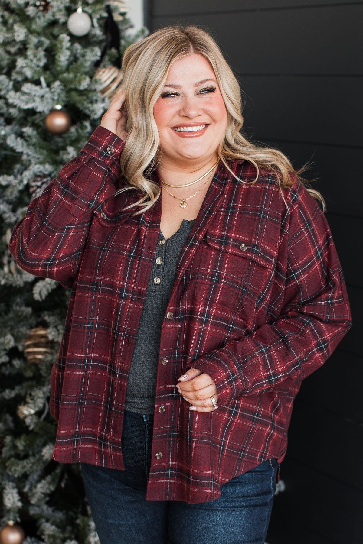 Fit For Adventure Plaid Button Top- Burgundy