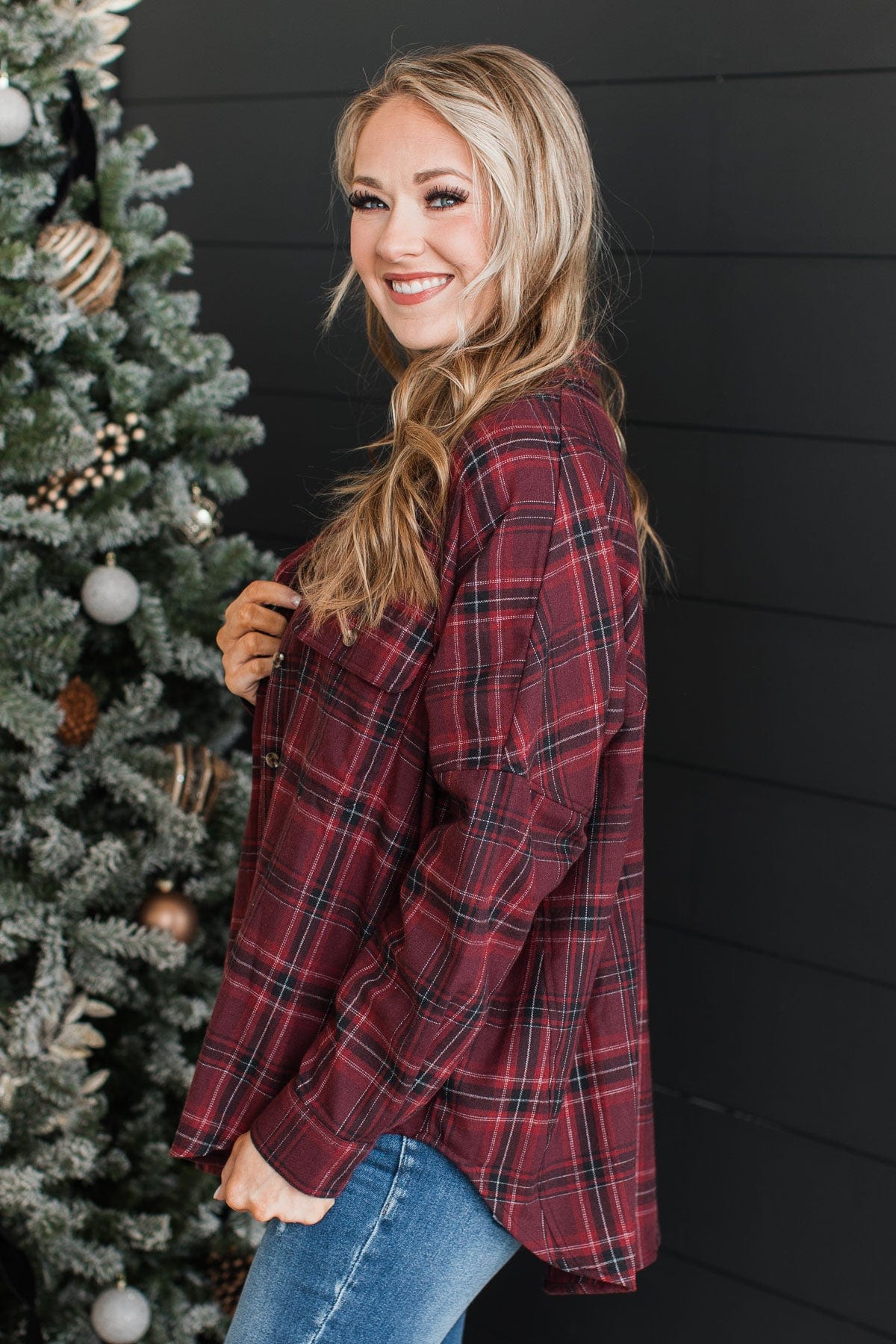Fit For Adventure Plaid Button Top- Burgundy
