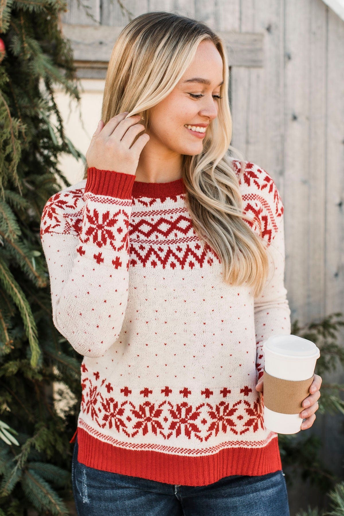 When Snow Falls Knit Sweater- Ivory Red - Main Image