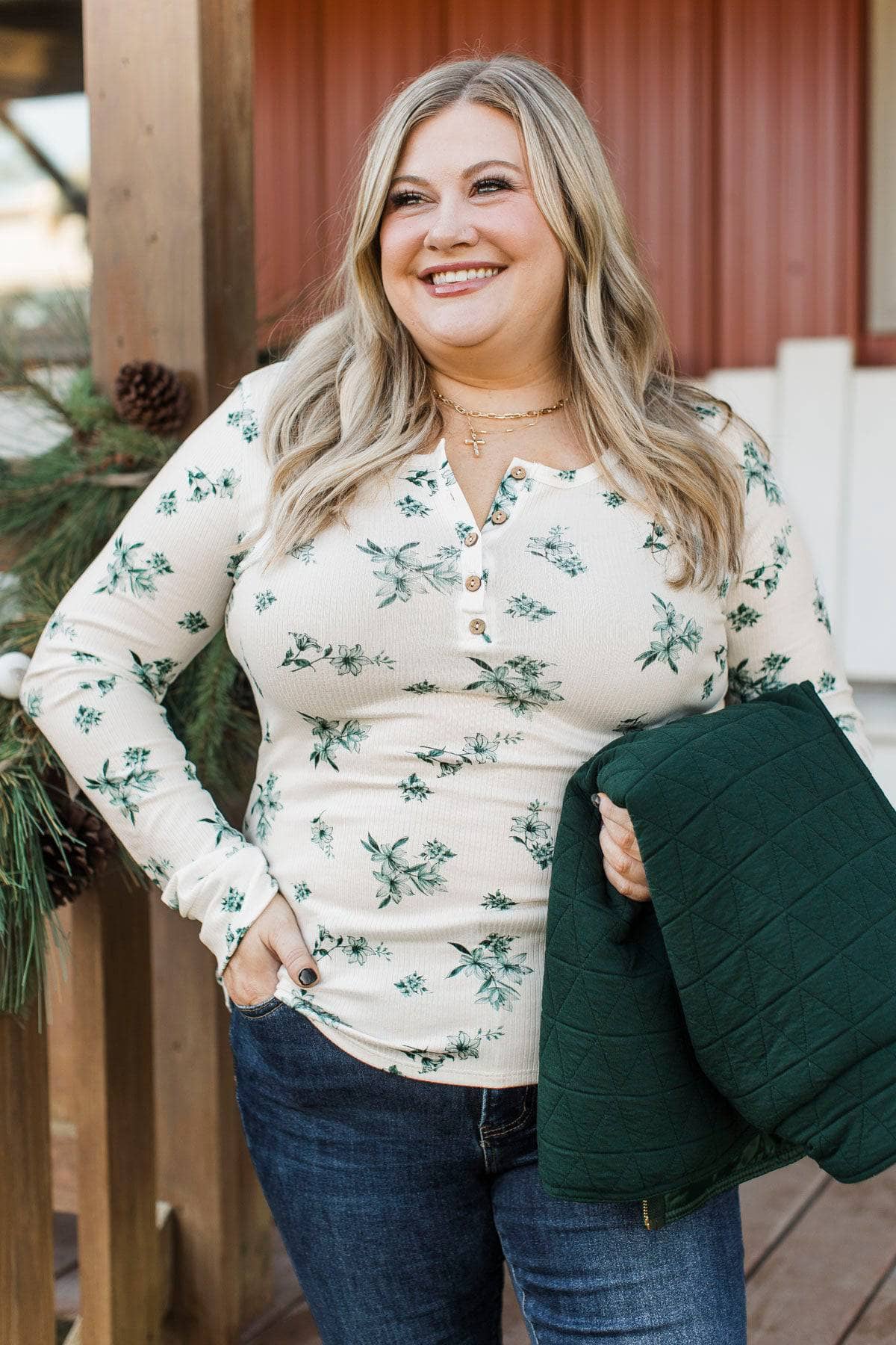 Call Me Lovely Floral Henley Top- White & Wintergreen