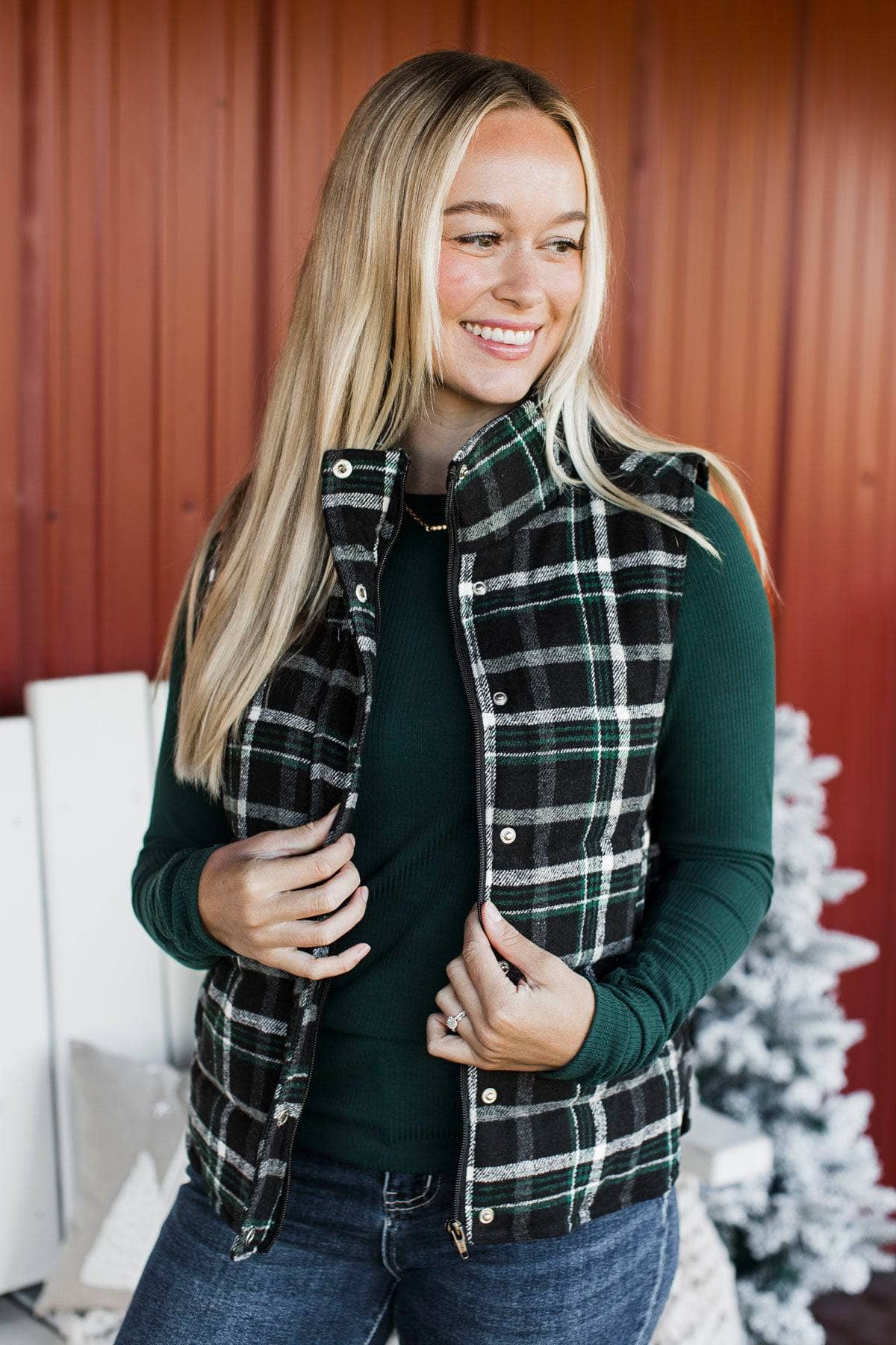 For You Always Plaid Puffer Vest- Black & Green