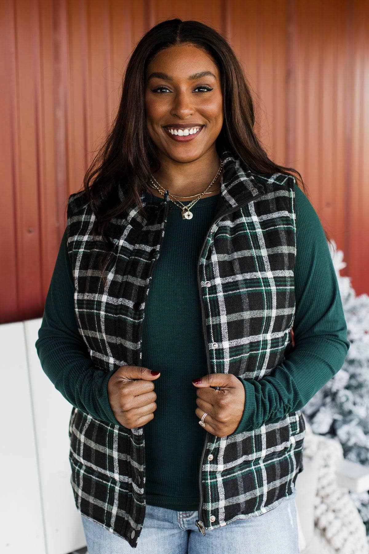 For You Always Plaid Puffer Vest- Black & Green