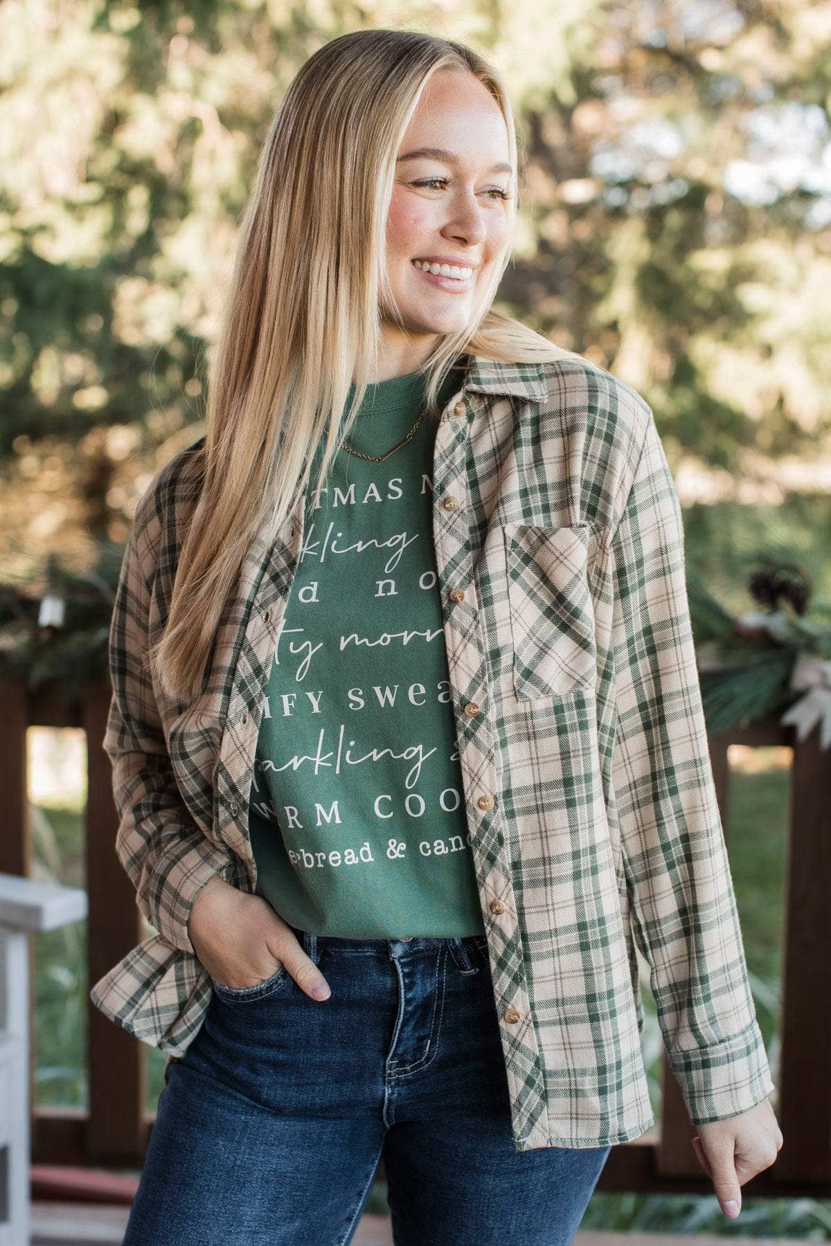 Playing Nice Plaid Button Top- Beige & Green