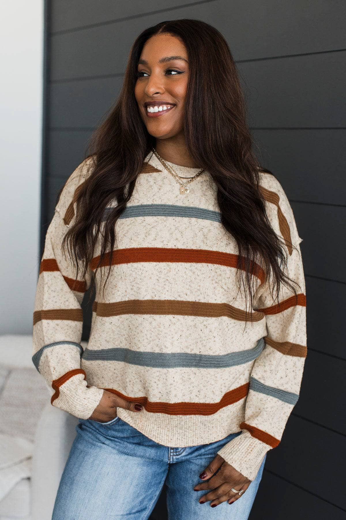 Loving Easy Sprinkled Knit Striped Sweater- Beige, Rust, & Slate