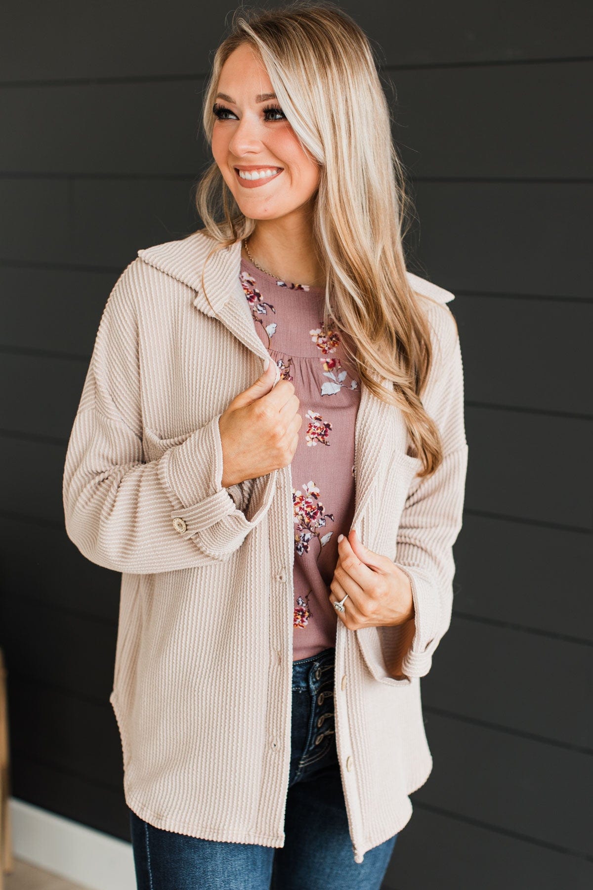 Feeling Bold Ribbed Shirt Jacket- Nude