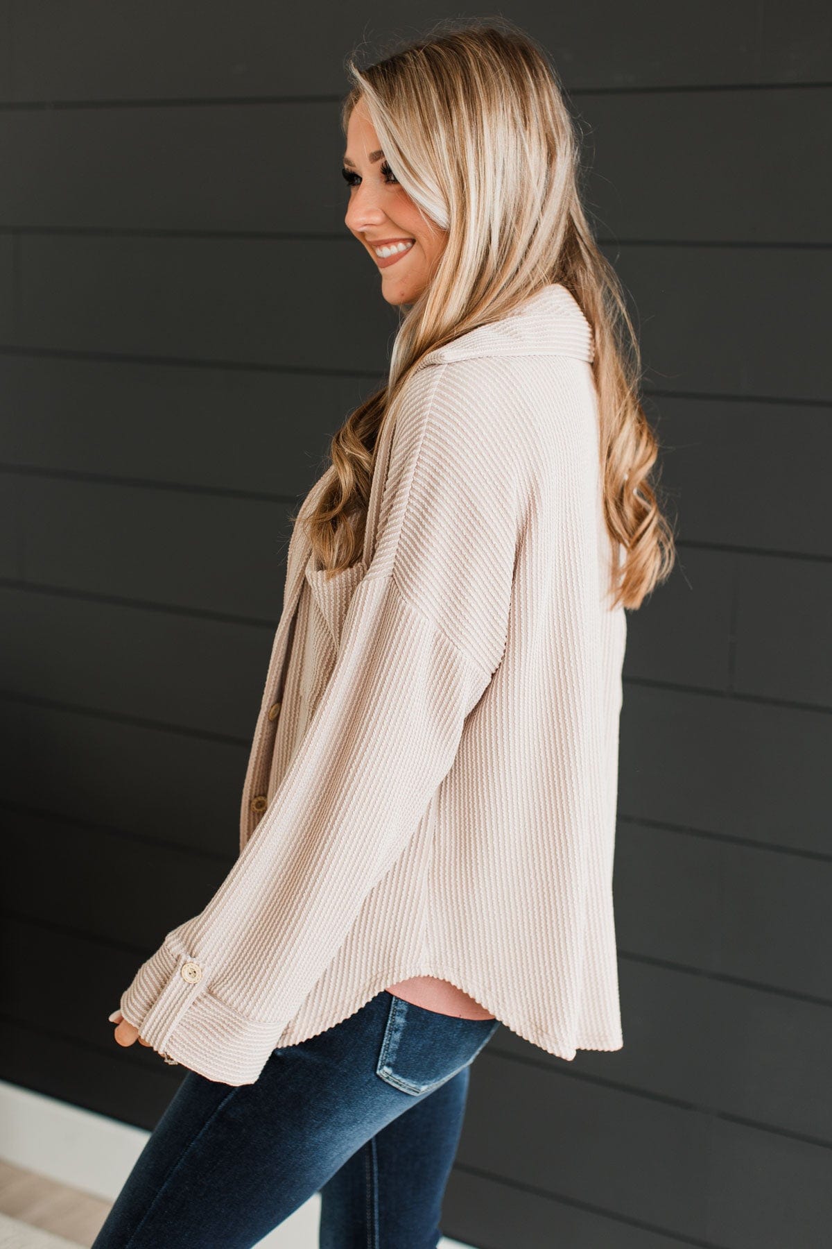 Feeling Bold Ribbed Shirt Jacket- Nude