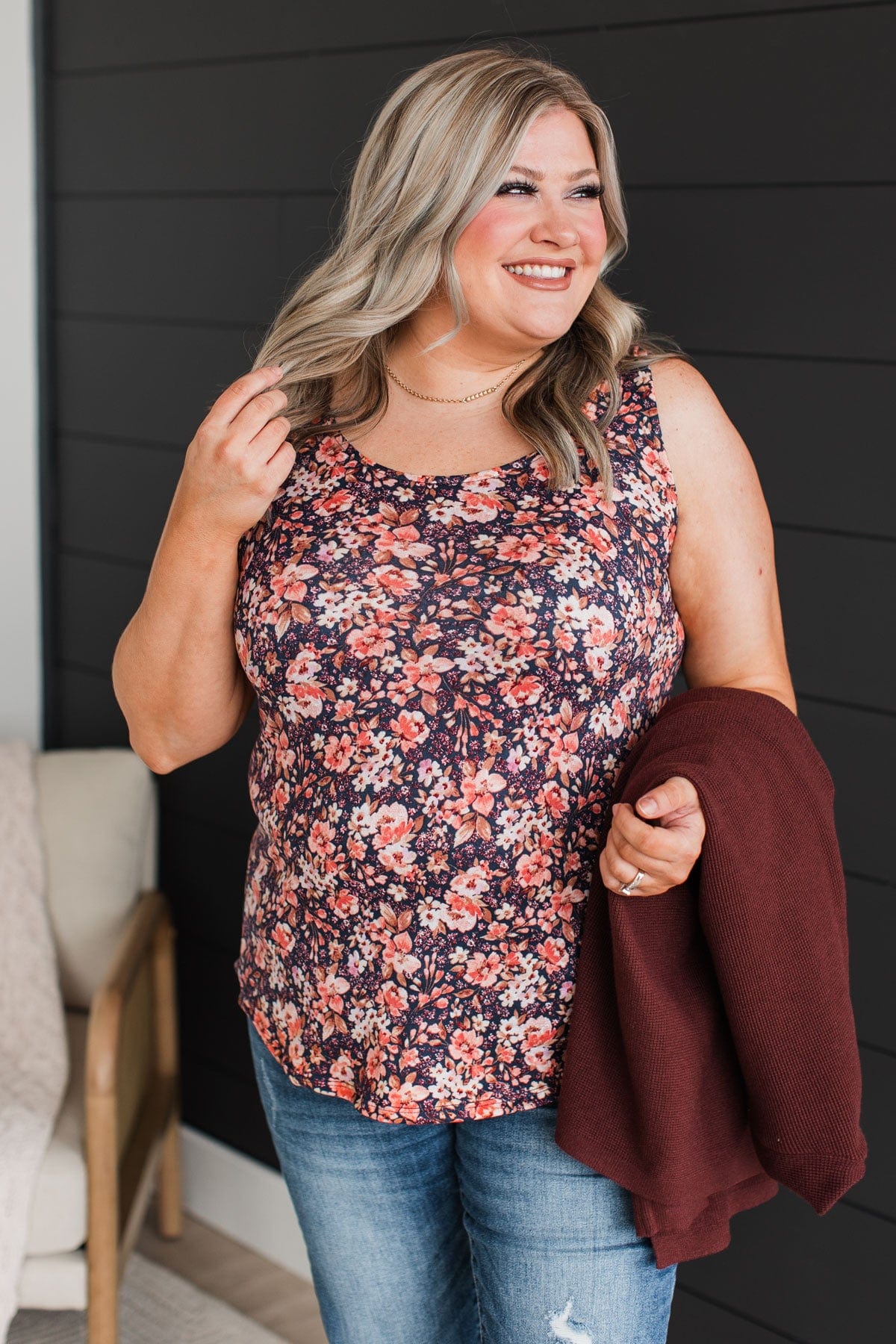 Between You & Me Floral Tank Top- Navy