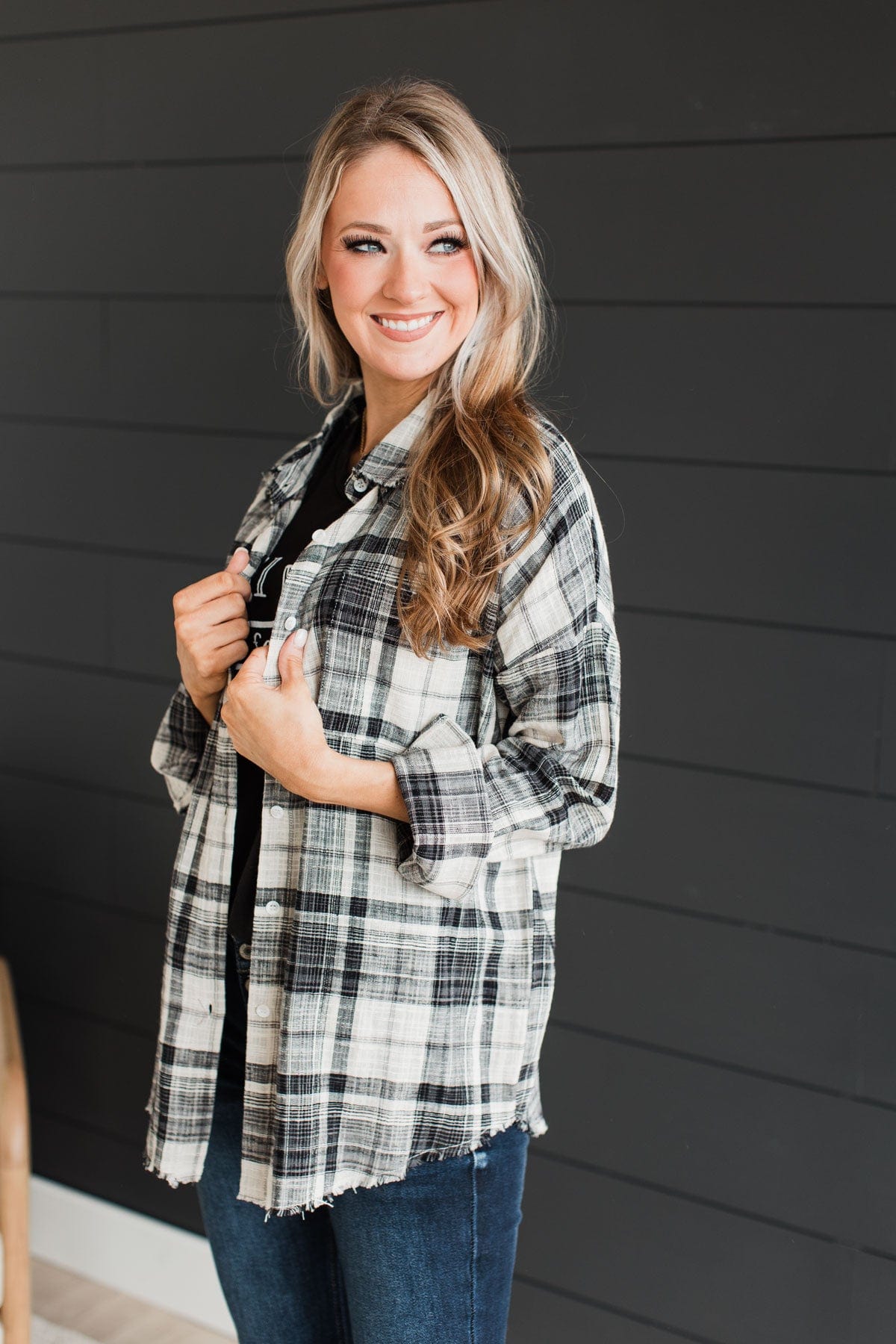 Amazed By Autumn Frayed Plaid Top- Black & Ivory